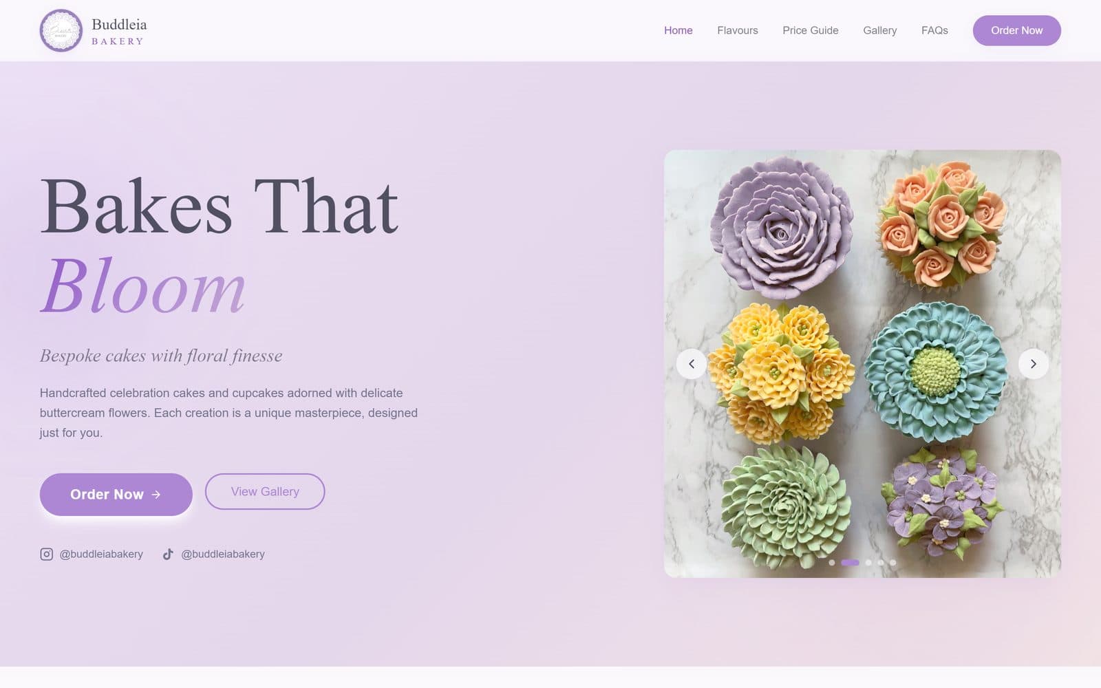 Buddleia Bakery homepage: Bakes That Bloom, with a carousel of buttercream flower cupcakes