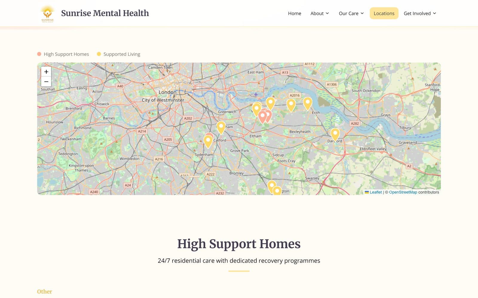 Sunrise Mental Health locations page: fourteen homes pinned on a map of South East London and Kent
